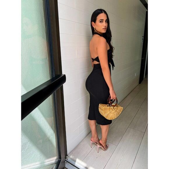 NWT Anthropologie Black Rib Knit Cut Out Halter Bodycon Midi Dress - Picture 2 of 9